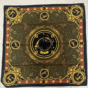 Wathne silk scarf 34 x 34, black, olive, gold, red with saddle design